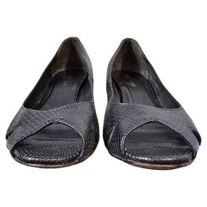 Cole Haan Peep Toe Wedge Pumps Black Reptile‎ Embossed Leather Shoes 8.5 B